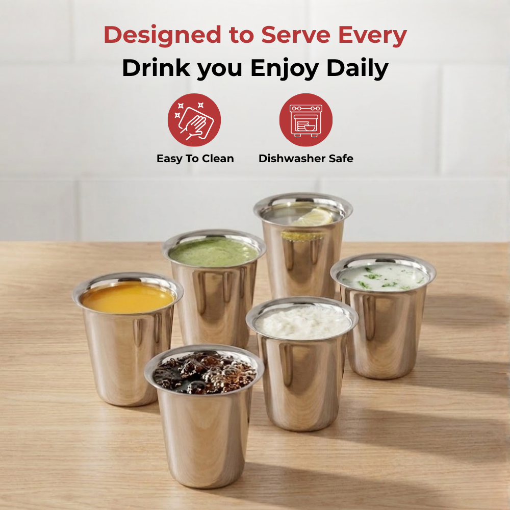 VINOD Stainless Steel Rampatra Glass Set of 6 - 240 ml with Highest Grade Steel, Tough and Strong Build, Dishwasher Safe, Rust Free