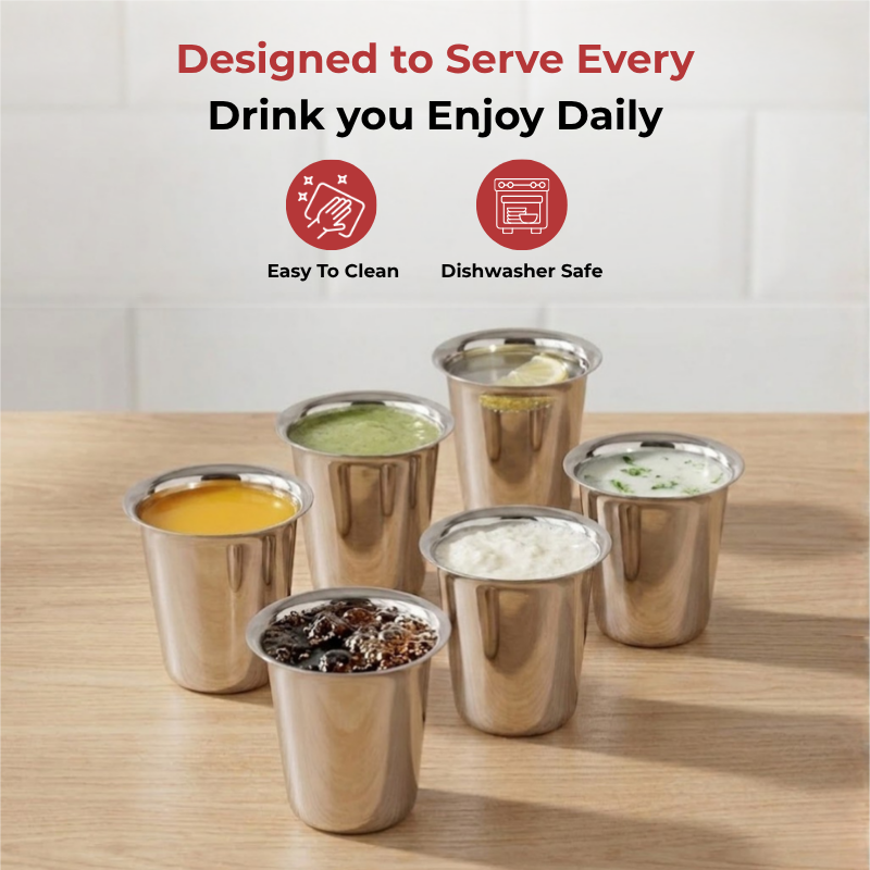 VINOD Stainless Steel Rampatra Glass Set of 6 - 240 ml with Highest Grade Steel, Tough and Strong Build, Dishwasher Safe, Rust Free