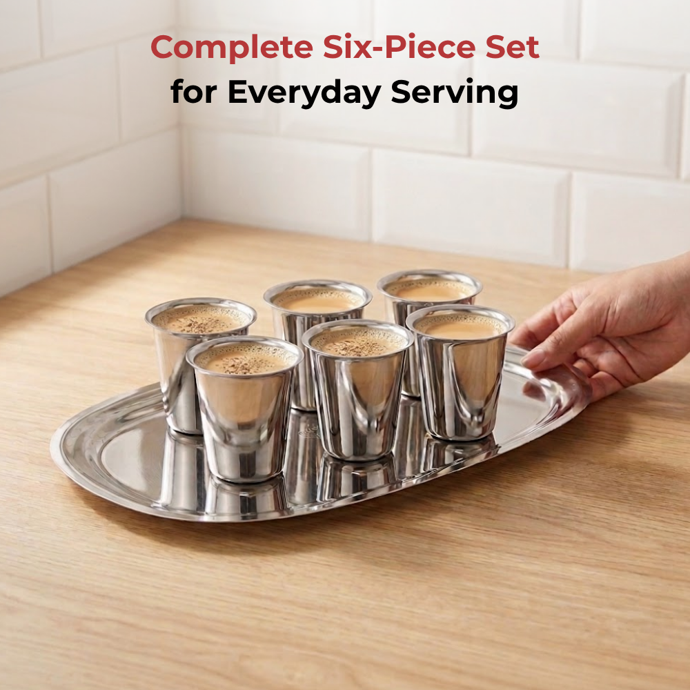 Vinod Stainless Steel Rampatra Glass Set of 6, close-up detail