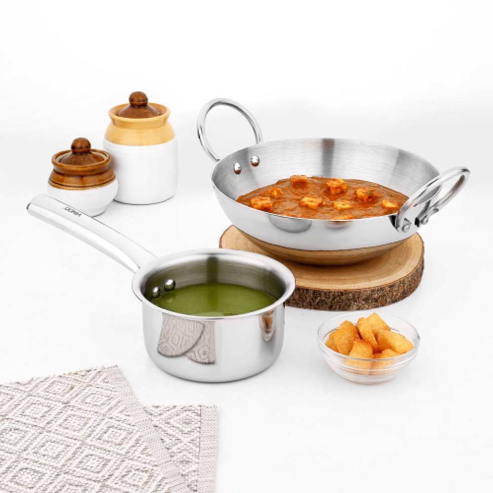 Vinod - Claro Heavy Gauge Stainless Steel Kadai 2.4 Liter (24 cm) and Sauce pan 900ml (14cm) with 2.5 mm Thickness