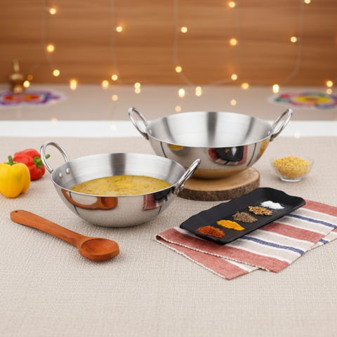 Vinod - Claro Heavy Gauge Stainless Steel Kadai (Plain) with 2.5 mm Thickness, Set of 2 - Capacity 3.2 Liter & 3.8 Liter (26cm & 28cm)