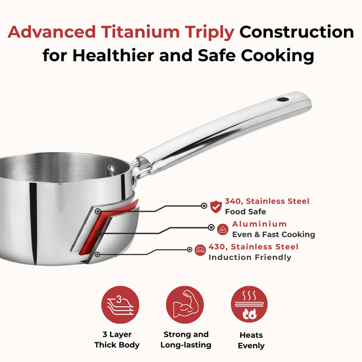 VINOD Doniv Titanium Triply Stainless Steel Milk Pan 14 cms, Capacity 1.00 Liter