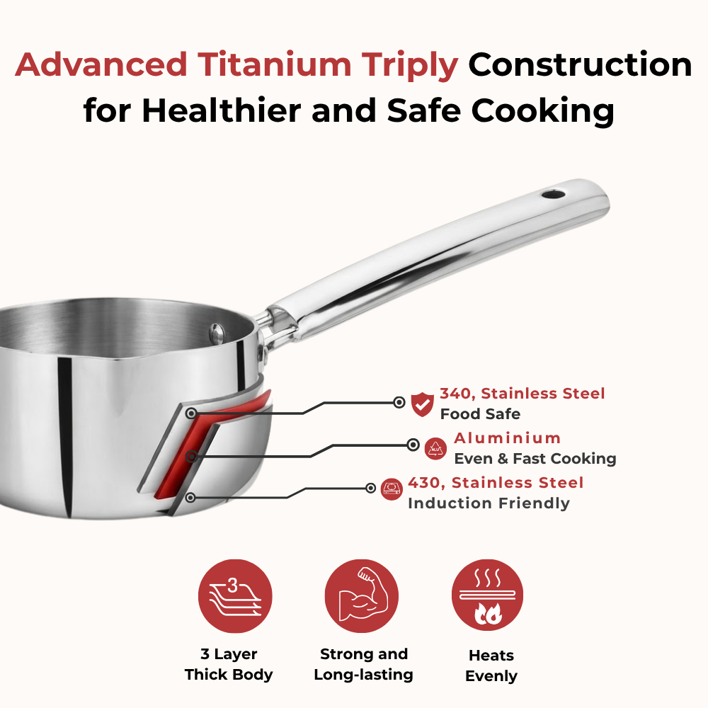 Vinod Doniv Titanium Triply Stainless Steel Milk Pan 16 cms, 1.60 Liter, in-use view