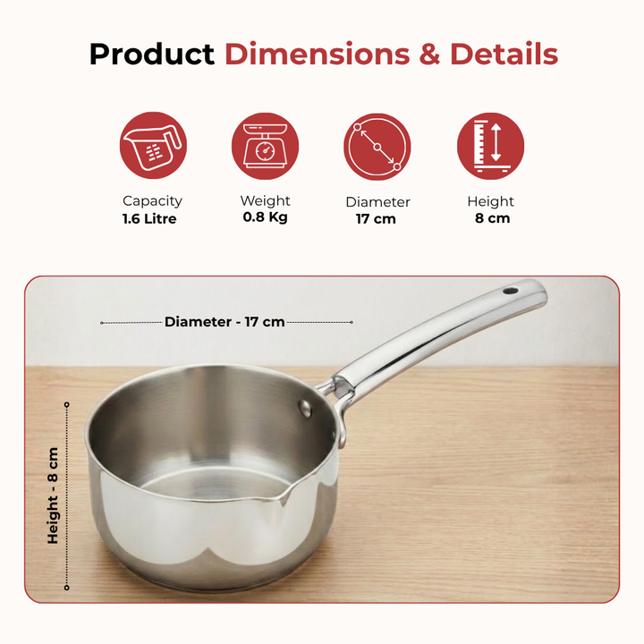 विनोद डोनिव टाइटेनियम ट्रिपली स्टेनलेस स्टील मिल्क पैन 16 सेमी, क्षमता 1.60 लीटर