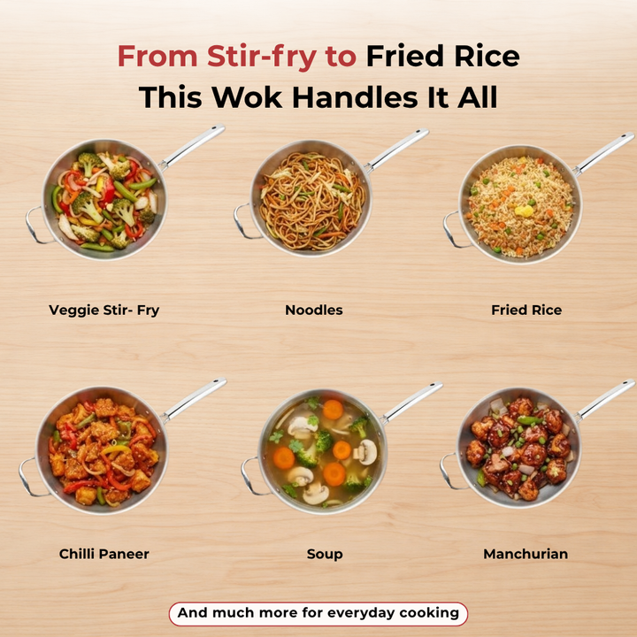 VINOD Doniv Titanium Triply Stainless Steel Wok with Side Handle 28 cms, Capacity 4.00 Liter