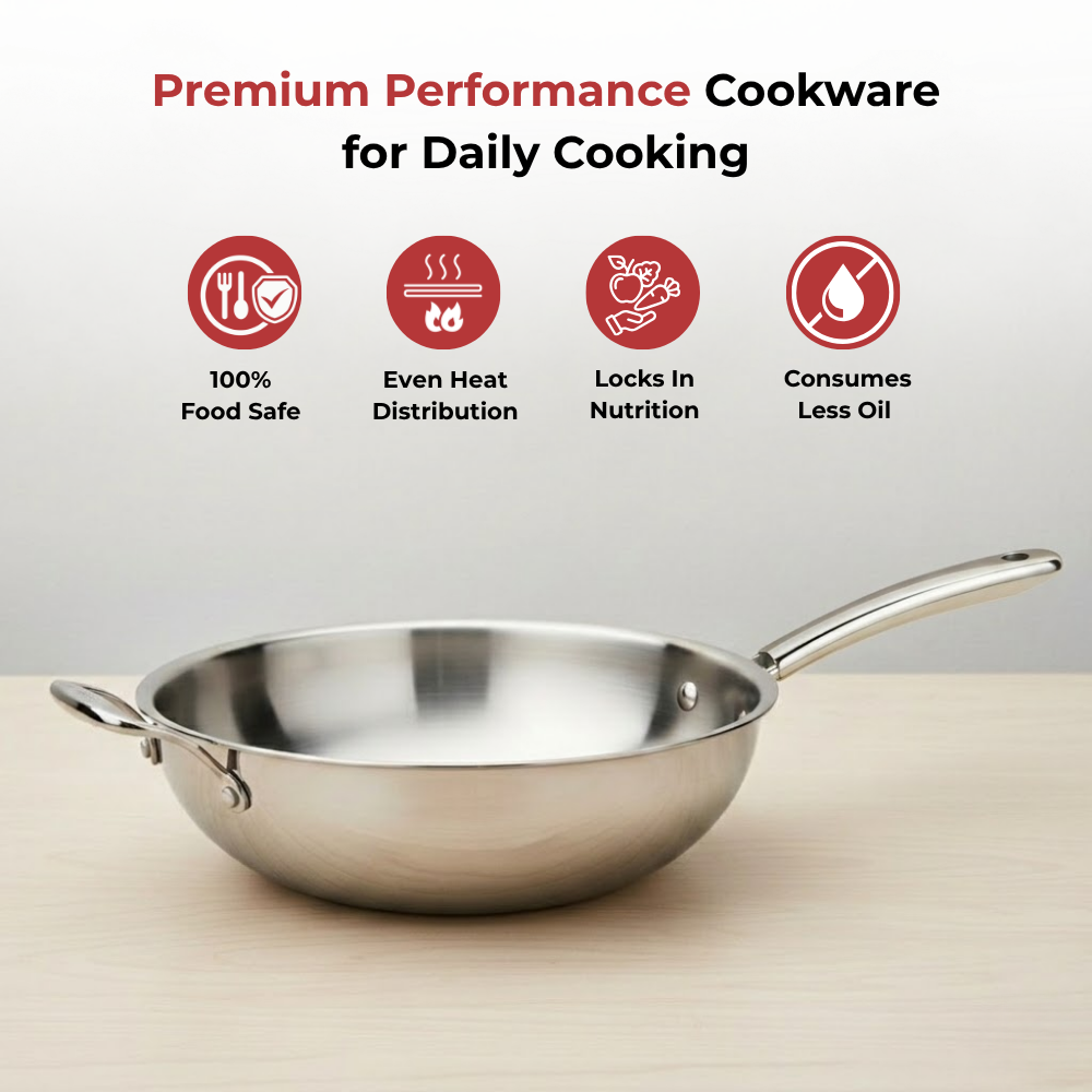 Vinod Doniv Titanium Triply Stainless Steel Wok with Side Handle 28 cms, 4.00 Liter, top view