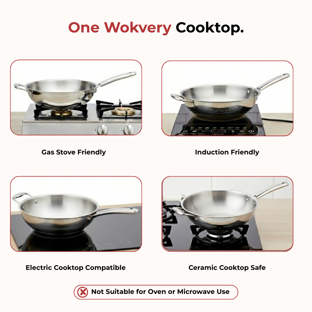 Vinod Doniv Titanium Triply Stainless Steel Wok with Side Handle 28 cms, 4.00 Liter, close-up detail