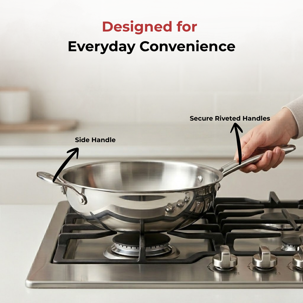 Vinod Doniv Titanium Triply Stainless Steel Wok with Side Handle 28 cms, 4.00 Liter, in-use view