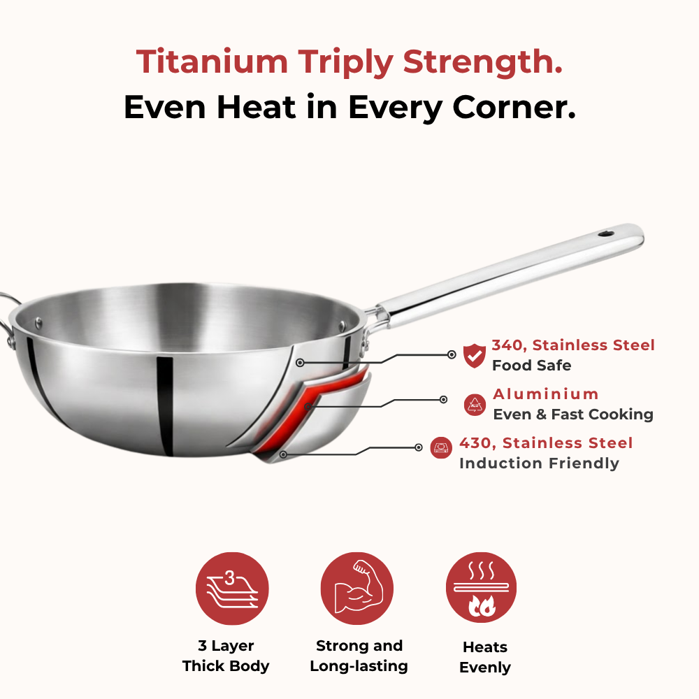 VINOD Doniv Titanium Triply Stainless Steel Wok with Side Handle 28 cms, Capacity 4.00 Liter