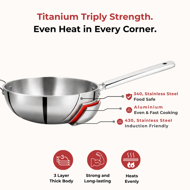 VINOD Doniv Titanium Triply Stainless Steel Wok with Side Handle 28 cms, Capacity 4.00 Liter
