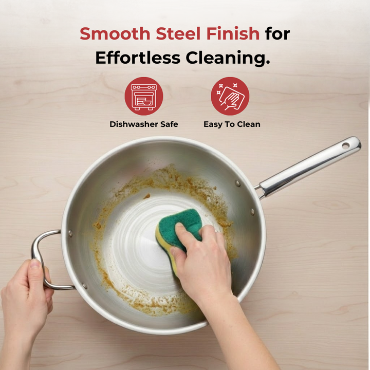 VINOD Doniv Titanium Triply Stainless Steel Wok with Side Handle 28 cms, Capacity 4.00 Liter