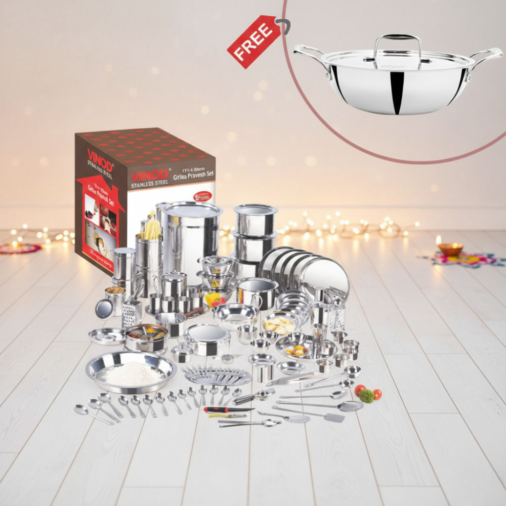 Vinod Stainless Steel 114 Pieces Griha Pravesh Set + 1 Complimentary Pavali with Free DONIV Majestic Triply 2 Liter Kadai worth Rs.3200