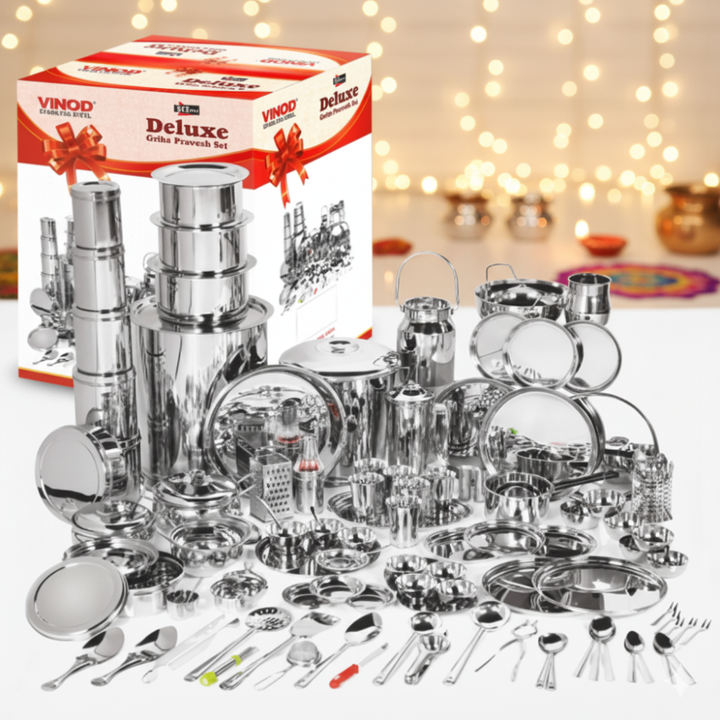 Vinod Stainless Steel 121 Pieces Deluxe Griha Pravesh Set