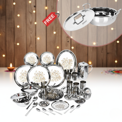 विनोद स्टेनलेस स्टील 50 पीस लेजर डिनर सेट, मुफ़्त डोनिव मैजेस्टिक सैंडविच बॉटम 26 सेमी कढ़ाई के साथ, कीमत 1635 रुपये