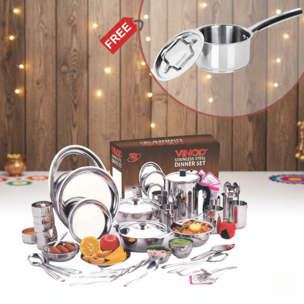 Vinod Stainless Steel 51 Pieces . Dinner Set For Six Persons (In Two Boxes) with Free DONIV Majestic Sandwich Bottom 14 cm Sauce Pan worth Rs.847