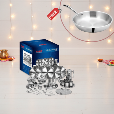 Vinod Stainless Steel 53 Pieces Two Tone Dinner Set with Free DONIV Triply Frypan worth Rs.1890