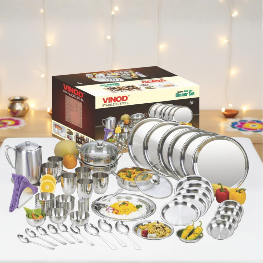 विनोद स्टेनलेस स्टील 55 पीस टू टोन डिनर सेट छह लोगों के लिए