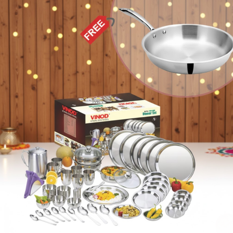 Vinod Stainless Steel 55 Pieces Two Tone Dinner Set For Six Person with Free DONIV Triply Frypan worth Rs.1890