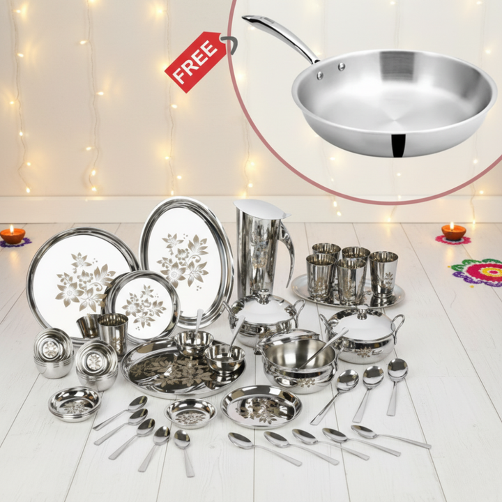 Vinod Stainless Steel 58 pieces Laser Dinner Set with Free DONIV Triply Frypan worth Rs.1890