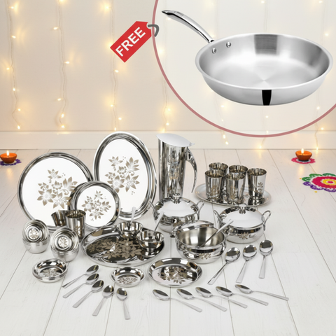 Vinod Stainless Steel 58 pieces Laser Dinner Set with Free DONIV Triply Frypan worth Rs.1890