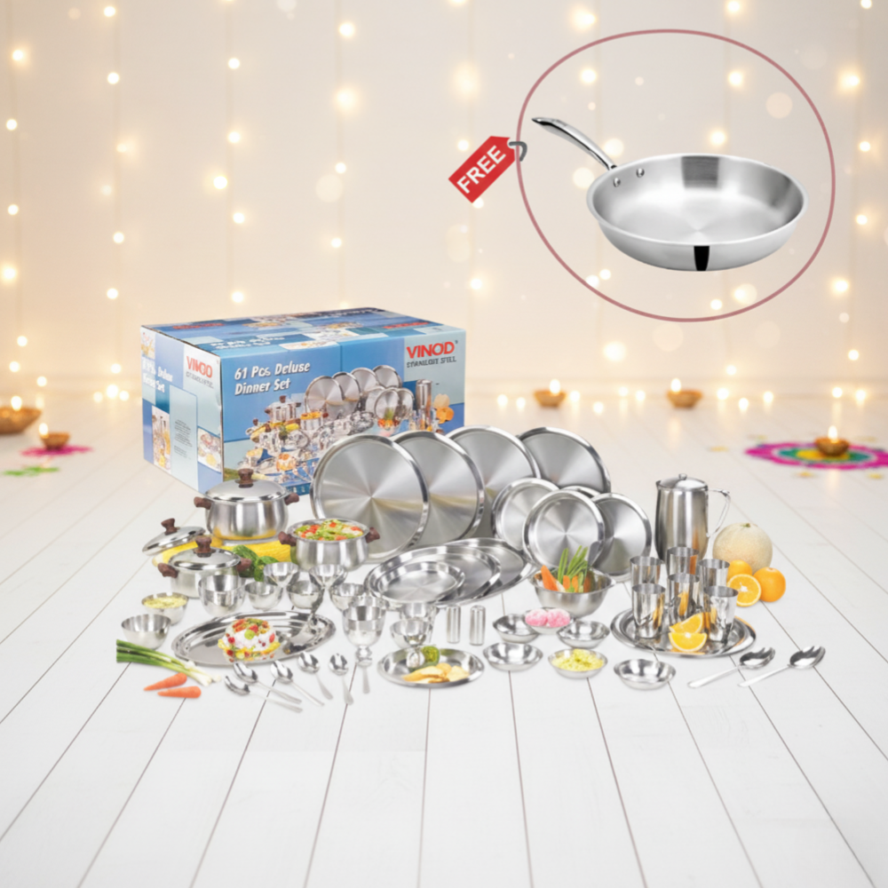 Vinod Stainless Steel 61 Pieces Two Tone Deluxe Dinner Set For Six Person with Free DONIV Triply Frypan worth Rs.1890