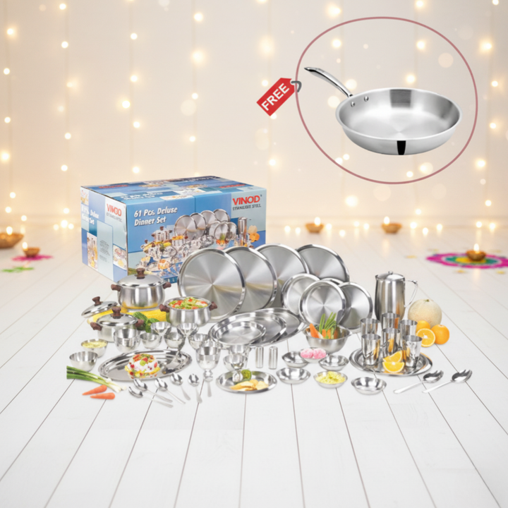 Vinod Stainless Steel 61 Pieces Two Tone Deluxe Dinner Set For Six Person with Free DONIV Triply Frypan worth Rs.1890