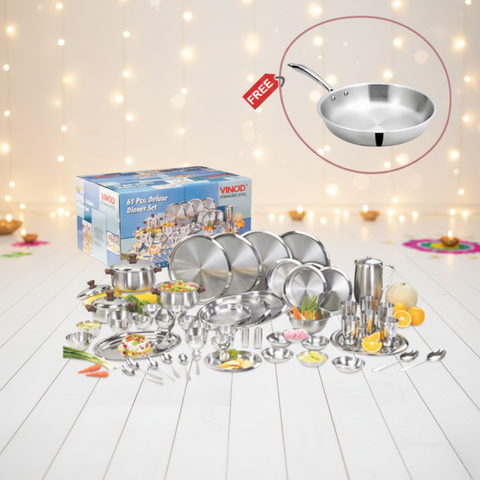 Vinod Stainless Steel 61 Pieces Two Tone Deluxe Dinner Set For Six Person with Free DONIV Triply Frypan worth Rs.1890