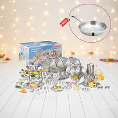 विनोद स्टेनलेस स्टील 61 पीस टू टोन डीलक्स डिनर सेट छह व्यक्तियों के लिए, साथ में 1890 रुपये मूल्य का मुफ़्त डोनिव ट्रिपली फ्राईपैन