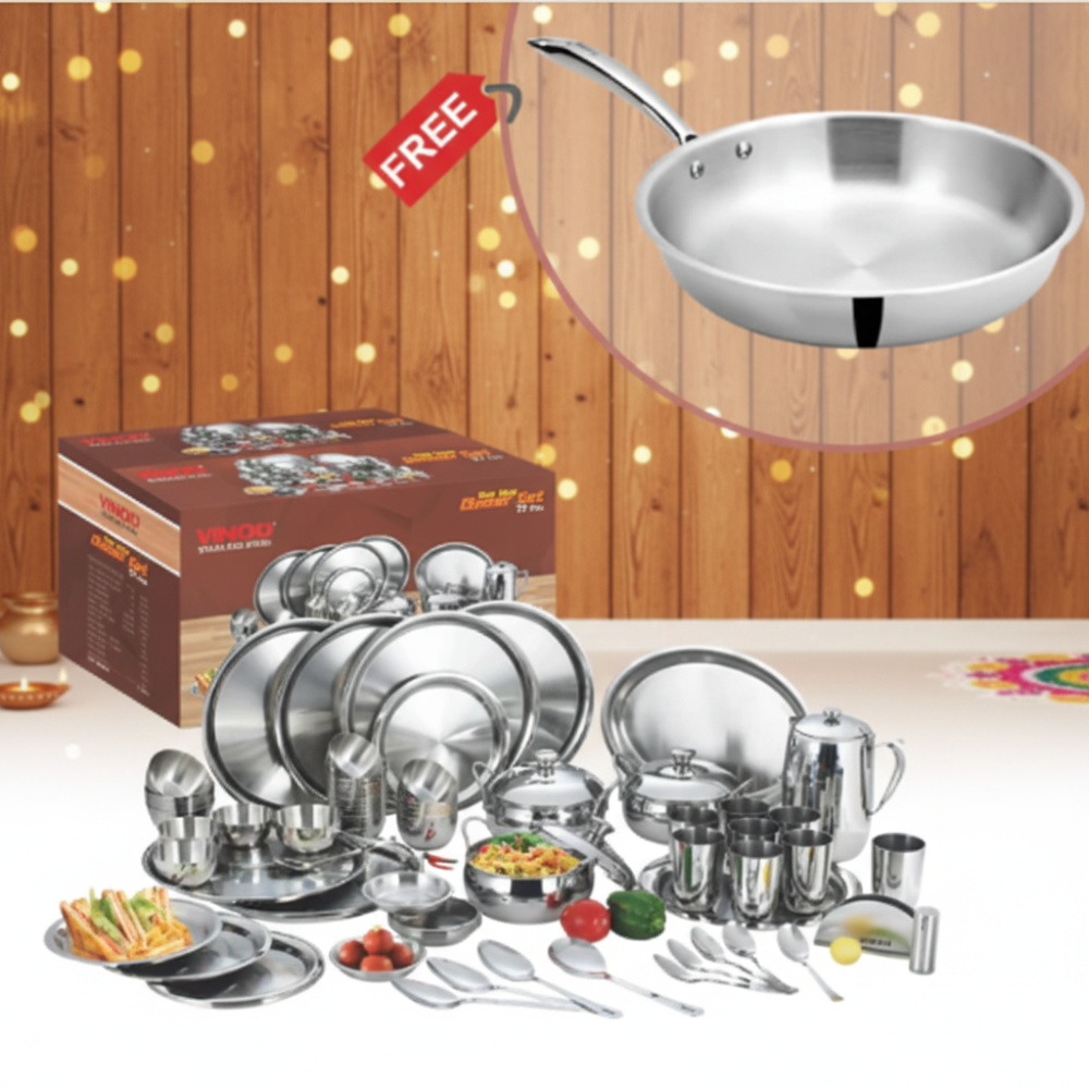Vinod Stainless Steel 77 Pieces Two Tone Dinner Set For Eight Persons with Free DONIV Triply Frypan Rs.1890