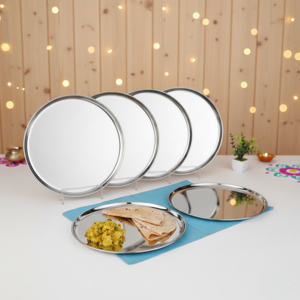 Vinod Stainless Steel Bangla Bogi Plate, Lunch & Dinner Plate, Set of 4 pieces, Diameter 29 cm