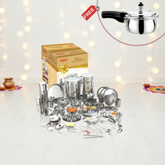 विनोद स्टेनलेस स्टील डीलक्स 116 पीस गृह प्रवेश सेट, मुफ़्त डोनिव ट्रिपली प्रेशर कुकर 2 लीटर के साथ