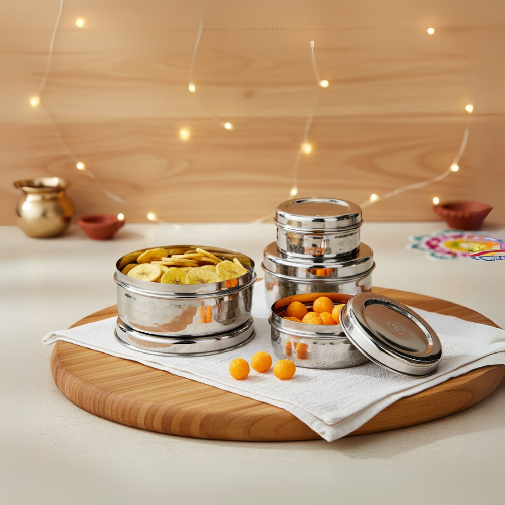 विनोद स्टेनलेस स्टील हैमर्ड पूरी डब्बा, स्टोरेज कंटेनर - 4 का पैक (क्षमता: 300 मिली, 450 मिली, 650 मिली, 1000 मिली)