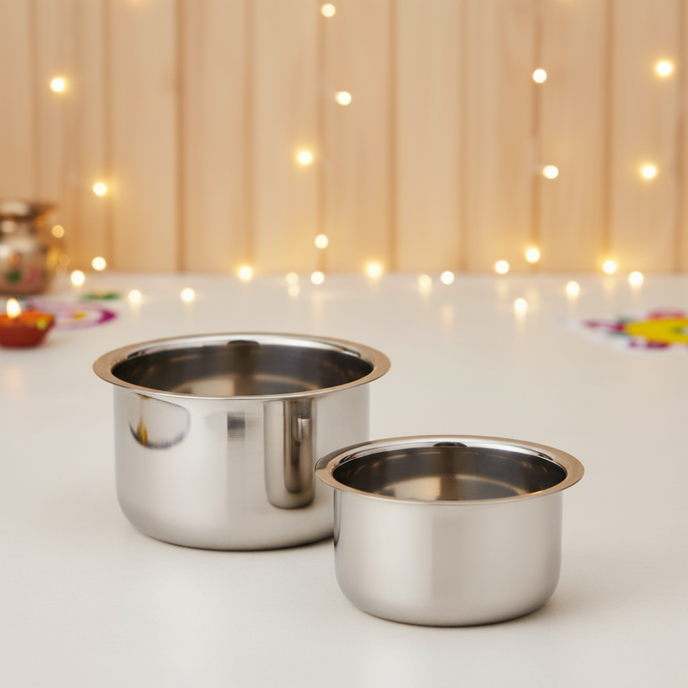 Vinod Stainless Steel Induction Friendly Flat Bottom Tope Without Lid – Combo Set – 5.5 Ltr &#038; 6.7 ltr – No 17 &#038; 18