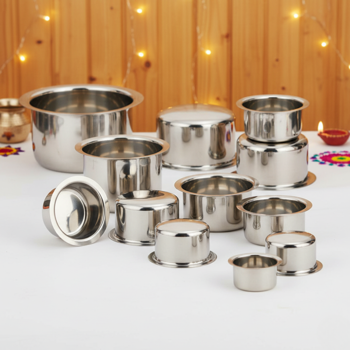 Vinod Stainless Steel Induction Friendly Round Bottom Tope Without Lid 12 Pieces Full Set Capacity from 300 ml &#038; 6.70 Litre