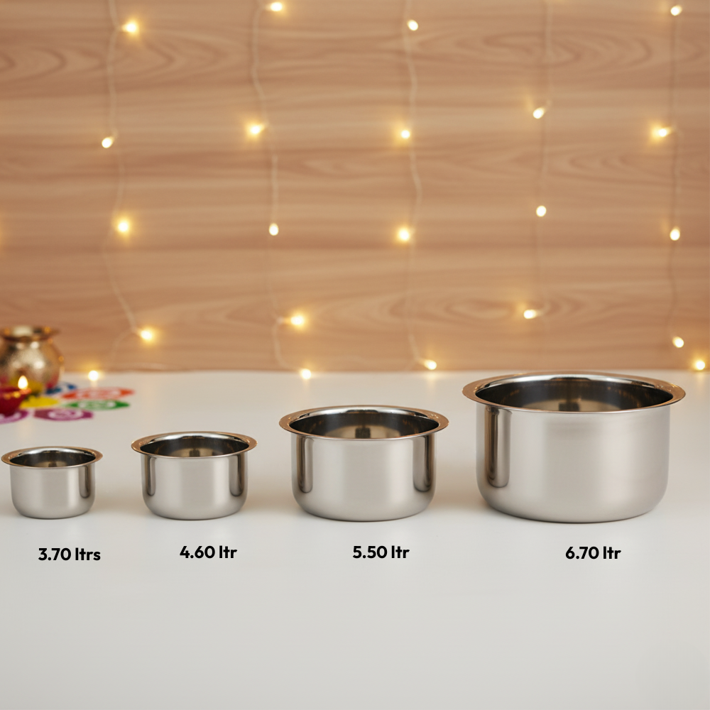 Vinod Stainless Steel Induction Friendly Flat Bottom Tope Without Lid – 4 Pieces Large Set – Capacity 3.70 Litre, 4.60 Litre, 5.50 Litre &#038; 6.70 Litre