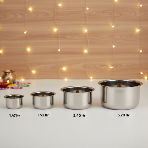 Vinod Stainless Steel Induction Friendly Round Bottom Tope Without Lid 4 Pieces Large Set Capacity 3.70 Litre, 4.60 Litre, 5.50 Litre & 6.70 Litre