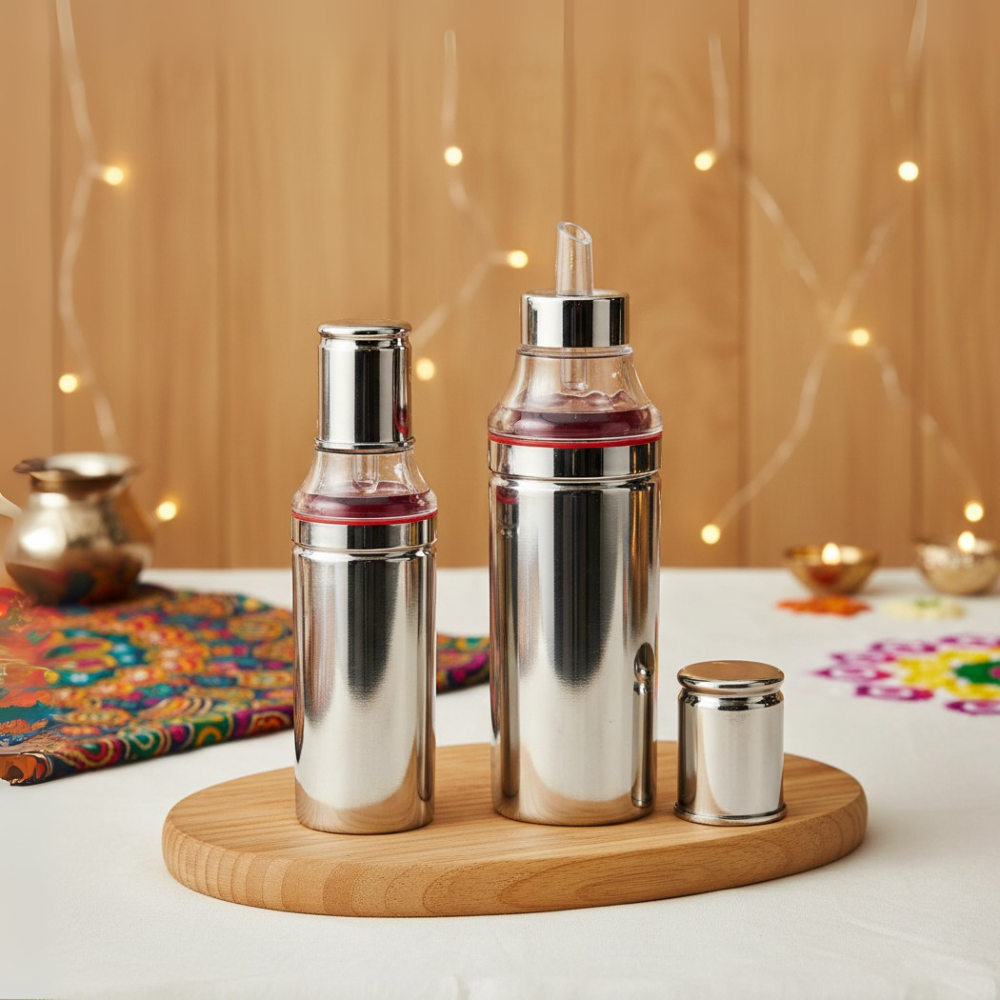 Vinod Stainless Steel Oil Pot Combo Set of 2 - 350ml & 750ml, Rust-Free with Anti-Drip Spout and Clear Lid for Easy Monitoring