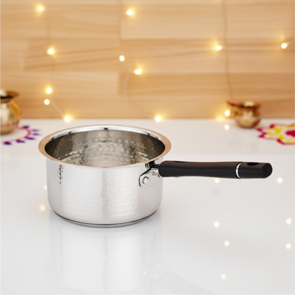 Vinod Stainless Steel Premium Hammered Sauce Pan Heavy Gauge 675 ml Milk Pan, Tea Pan, Induction & Gas Stove Compatible, Dishwasher Safe, Durable Tea Pot for Kitchen