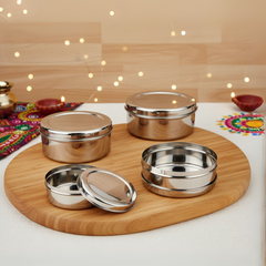 विनोद स्टेनलेस स्टील पूरी डब्बा, स्टोरेज कंटेनर - 4 का पैक (क्षमता: 300 मिली, 450 मिली, 650 मिली, 1000 मिली)