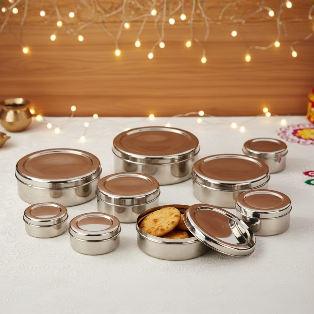 विनोद स्टेनलेस स्टील पूरी डब्बा, स्टोरेज कंटेनर - 8 का पैक (क्षमता: 300 मिली से 2500 मिली तक)