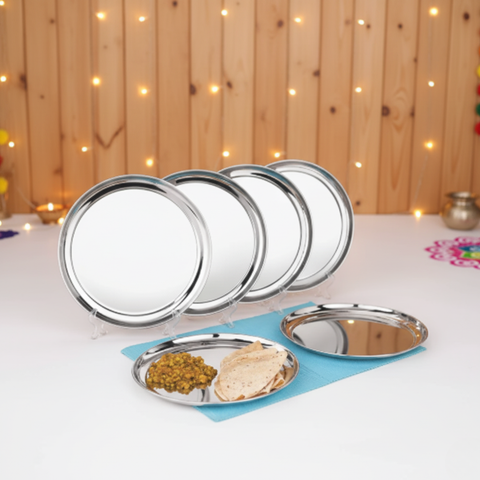 Vinod Stainless Steel Rajbhog Plate, Lunch & Dinner Plate, Set of 6 pieces, Diameter 28.5 cm