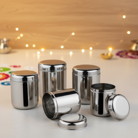 Vinod Stainless Steel Russian Deep Dabba – 1000 ml, 1400 ml, 1800 ml, 2300 ml & 3000 ml – Set of 5 Pieces, No 10 to No 14 Premium Quality Food Storage, Airtight Steel Containers
