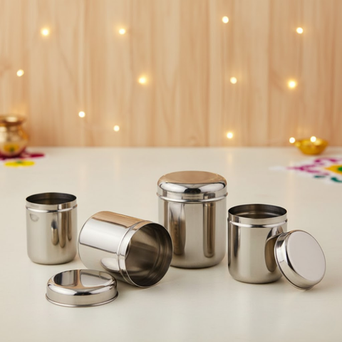 Vinod Stainless Steel Russian Deep Dabba – 3500 ml, 4500ml, 5000 ml, & 6000ml – No 15 to No 18 Set of 4 Pieces, Premium Quality Food Storage, Airtight Steel Containers