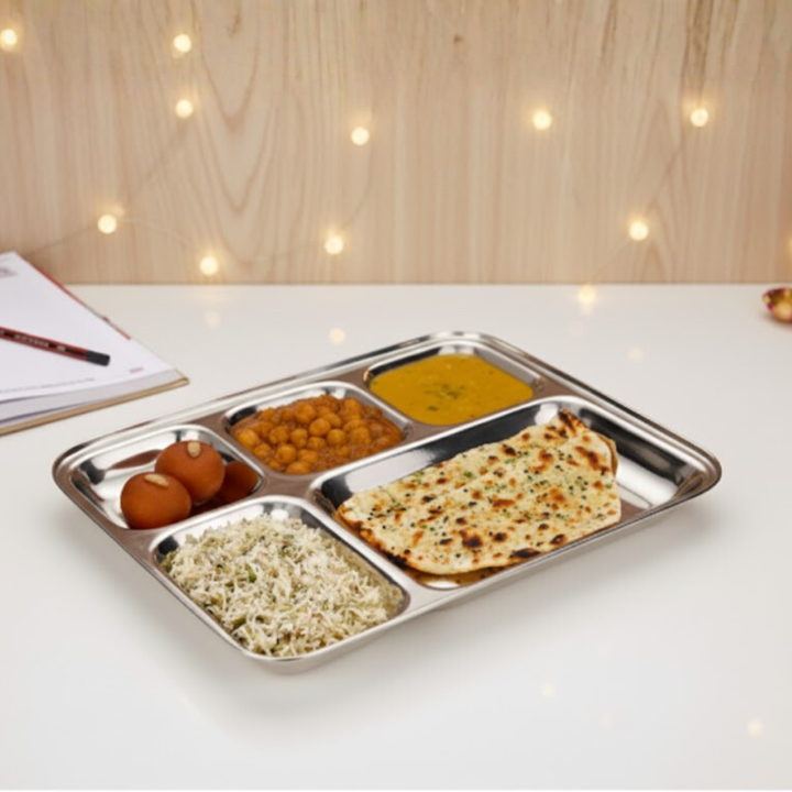 Vinod Stainless Steel Square Edges Mess Tray with 5 Compartment / Steel Thali / Lunch & Dinner Plate/ Bhojan Thali – 2Pcs