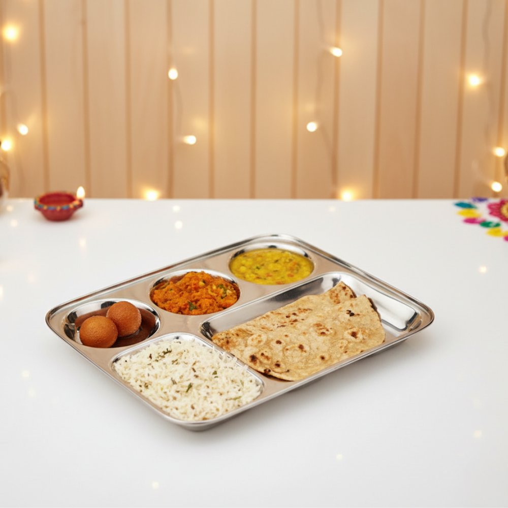 विनोद स्टेनलेस स्टील 5 कम्पार्टमेंट मेस ट्रे गोल किनारों के साथ / आयताकार स्टील थाली / लंच और डिनर प्लेट / भोजन थाली - 2 पीस 