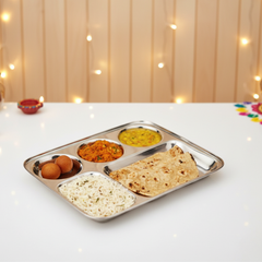 विनोद स्टेनलेस स्टील 5 कम्पार्टमेंट मेस ट्रे गोल किनारों के साथ / आयताकार स्टील थाली / लंच और डिनर प्लेट / भोजन थाली - 2 पीस 