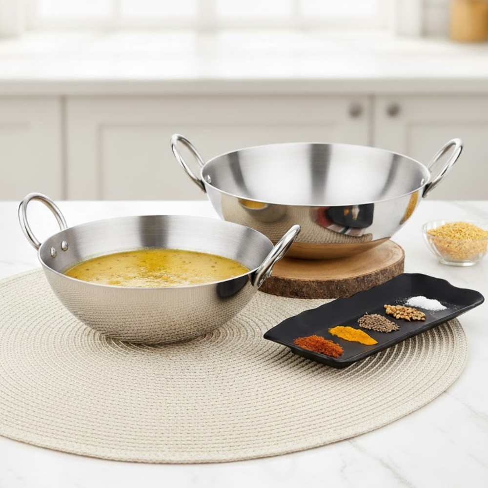 Vinod - Claro Heavy Gauge Stainless Steel Kadai (Plain) with 2.5 mm Thickness, Set of 2 - Capacity 3.2 Liter & 3.8 Liter (26cm & 28cm)