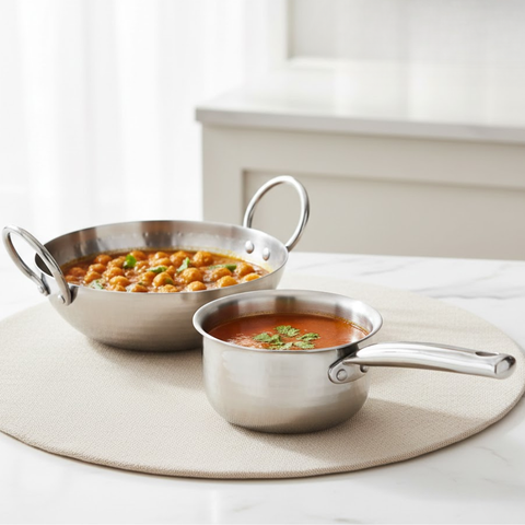 Vinod Claro heavy gauge hammered stainless steel kadai 2.4 litre 24 cm with 900 ml saucepan, set of 2, full set group shot