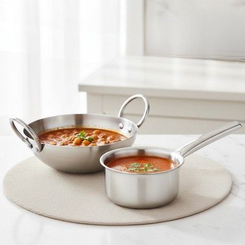 Vinod Claro heavy gauge plain stainless steel kadai 2.4 litre 24 cm with 900 ml saucepan, set of 2, full set group shot