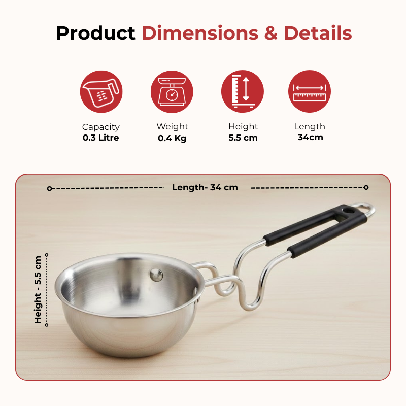 Vinod Claro heavy gauge stainless steel plain tadka pan, 1.5 mm, dimension chart